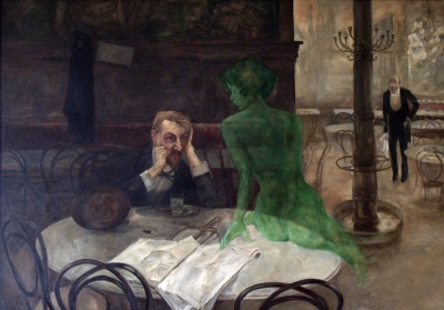 GRØNN: Absint ble gjerne kalt "la fee verte» - den grønne feen. På Viktor Olivas maleri "Absintdrikkeren" fra 1901, har kafégjesten fått grønt selskap.